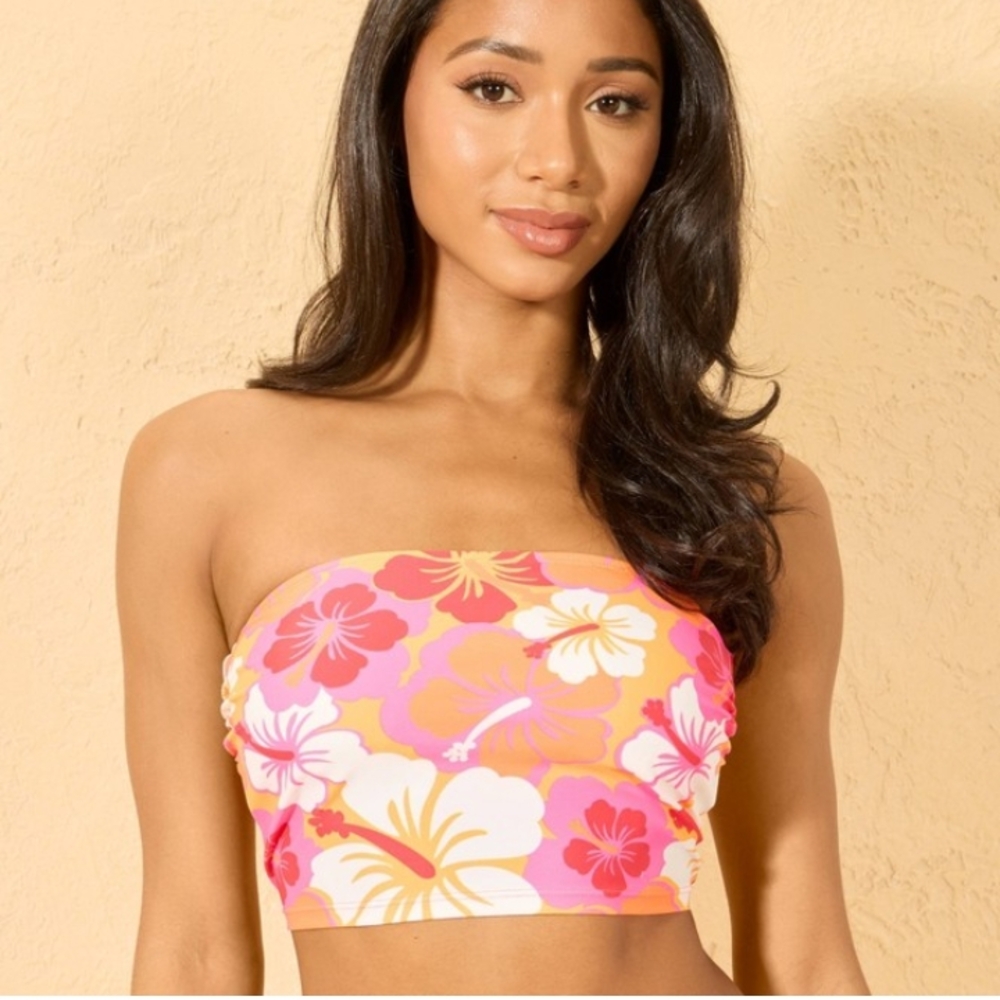 Set-Tropical OrangeStrapless Top & Pink With Orange Trim Side Ties Bottom
